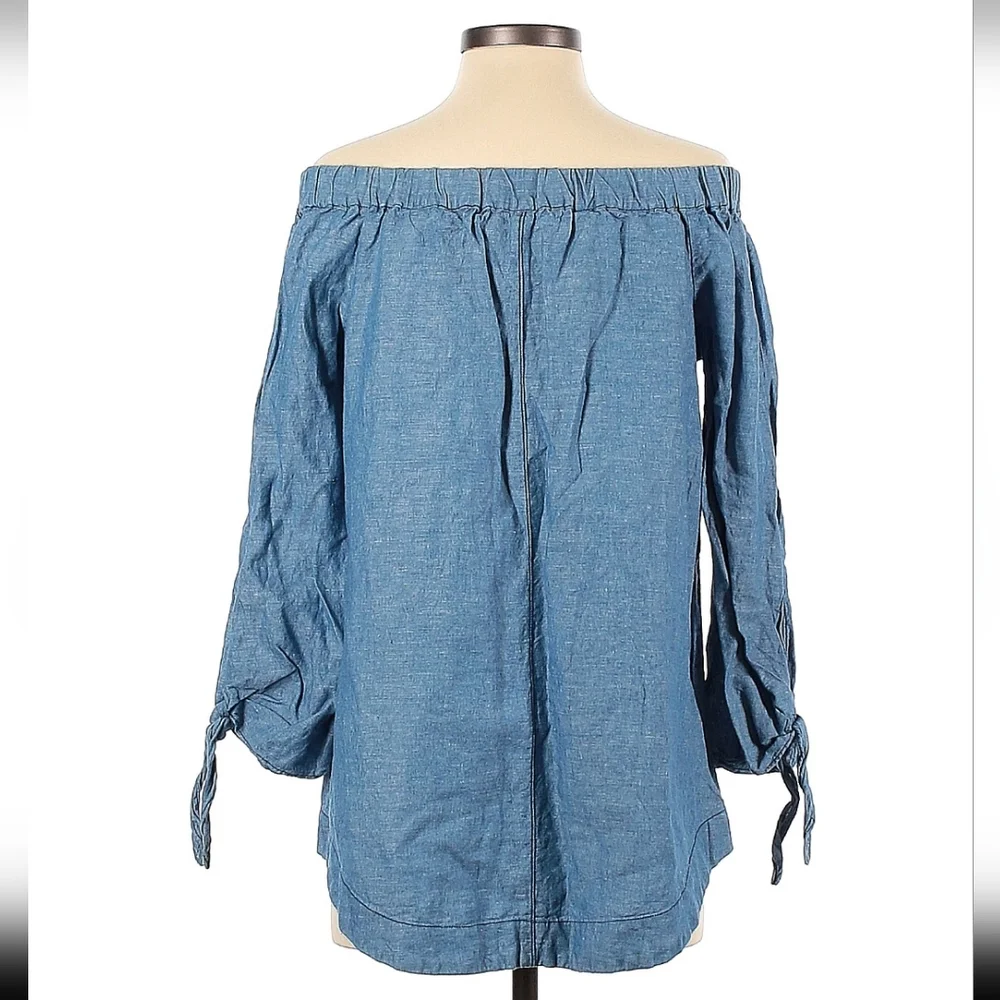 Free People Top S Off Shoulder Jean Denim 52%cotton 48%linen Long Sleeve - Picture 9 of 10